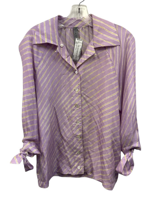 Raquel Allegra Size 1 Purple, Yellow & white Silk 3/4 Sleeve Diagnal Lines Top Purple, Yellow & white / 1