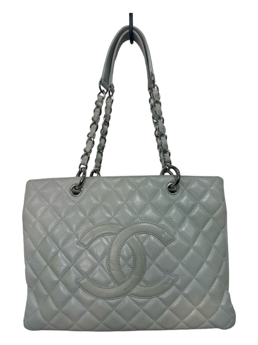 Chanel Gray Blue Leather Caviar Quilted Chain Logo Bag Gray Blue / Large