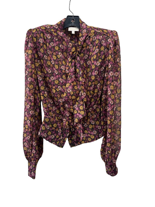 Ronny Kobo Size S Black, Purple & Yellow Polyester Shoulder Pads Floral Top Black, Purple & Yellow / S