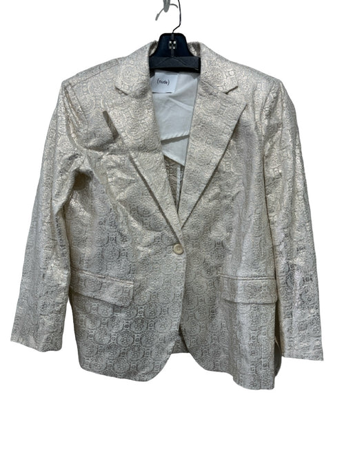 (Nude) Size 38 Gold & White Cotton Blend Metallic Lace Back Single Button Jacket Gold & White / 38