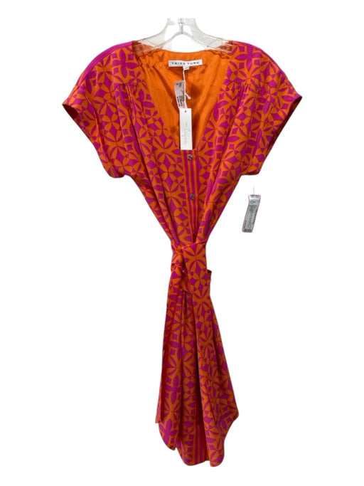 Trina Turk Size 2 Orange & Pink Silk Abstract Scoop Neck Button Dress Orange & Pink / 2