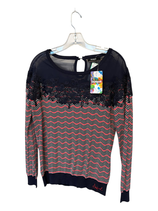 Desigual Size XL Navy & Red Viscose Blend Long Sleeve Lace Detail Sweater Navy & Red / XL