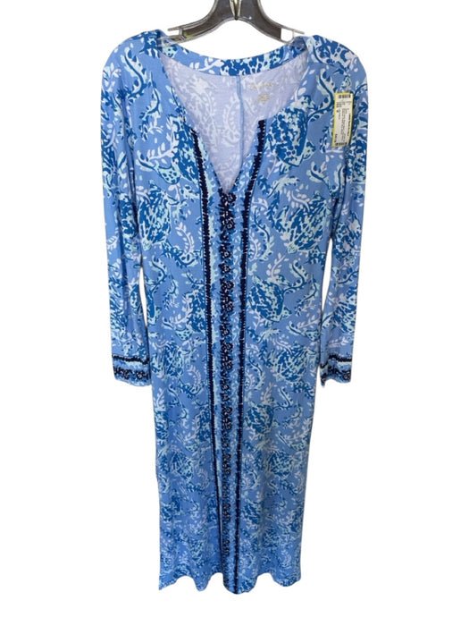 Lilly Pulitzer Size M Blue & Navy Rayon Blend Long Sleeve Botanical V Neck Dress Blue & Navy / M