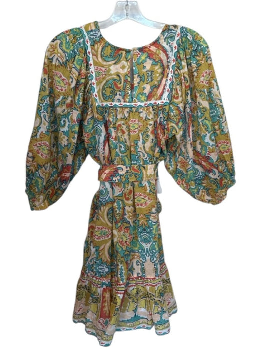 Cleobella Size XS Teal & Green Cotton Long Balloon Sleeve Kaleidoscope Dress Teal & Green / XS