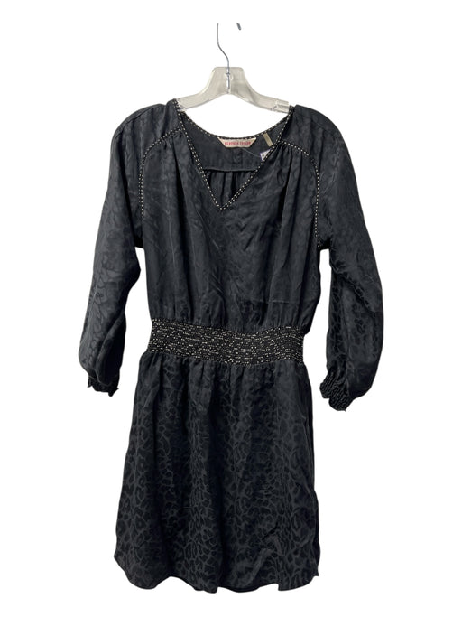 Rebecca Taylor Size Est S Black Silk Mini Long Sleeve V Neck Elastic Waist Dress Black / Est S