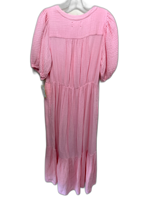 XiRENA Size M Bubblegum Pink Cotton Short Puff Sleeve V Neck Button Front Dress Bubblegum Pink / M