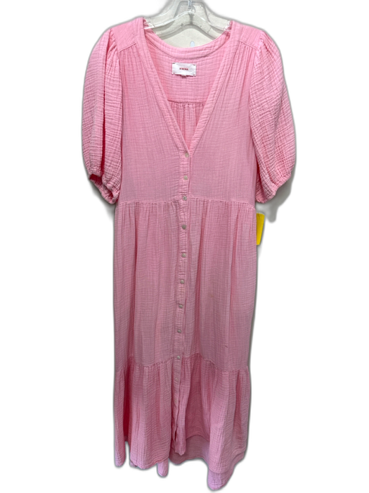 XiRENA Size M Bubblegum Pink Cotton Short Puff Sleeve V Neck Button Front Dress Bubblegum Pink / M