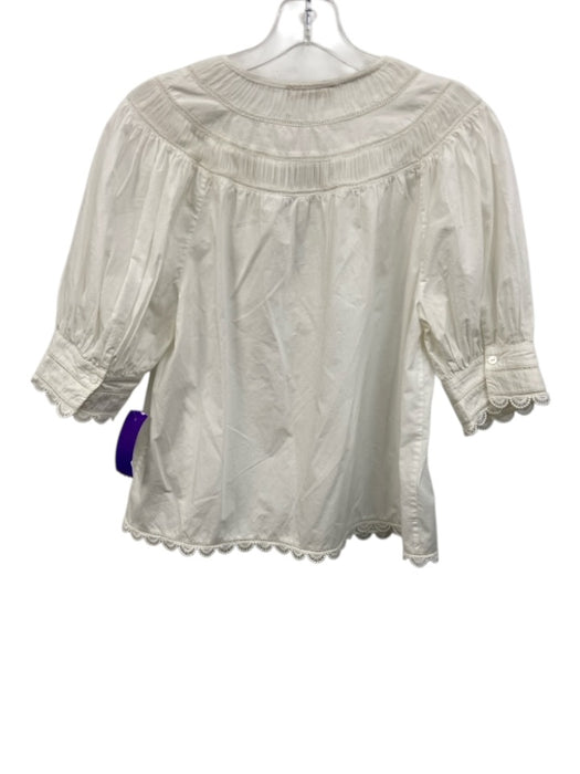 Ulla Johnson Size 4 White Cotton Half Sleeve V Neck Scalloped Trim Top White / 4