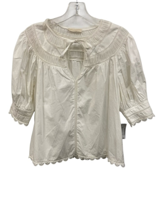 Ulla Johnson Size 4 White Cotton Half Sleeve V Neck Scalloped Trim Top White / 4