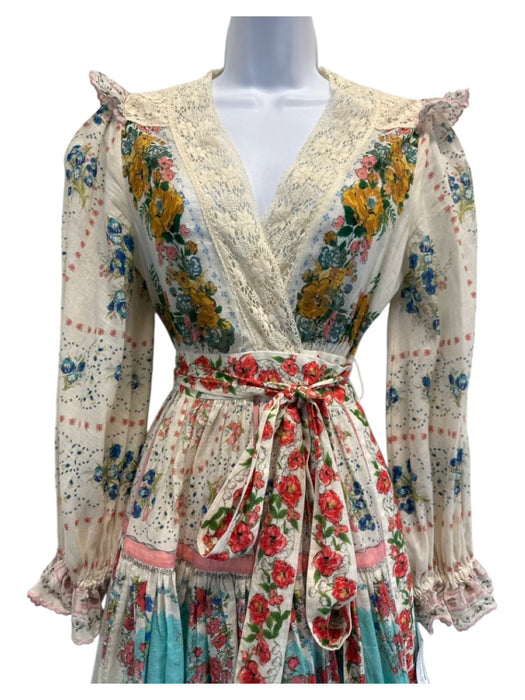 Zimmermann Size S / 1 White, Pink, Blue Cotton Wrap Floral Long Sleeve Dress White, Pink, Blue / S / 1