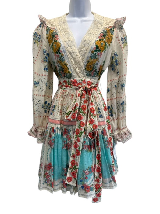 Zimmermann Size S / 1 White, Pink, Blue Cotton Wrap Floral Long Sleeve Dress White, Pink, Blue / S / 1