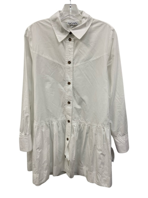 Ganni Size S / 36 White Cotton Button Down Collar Long Sleeve Knee length Dress White / S / 36