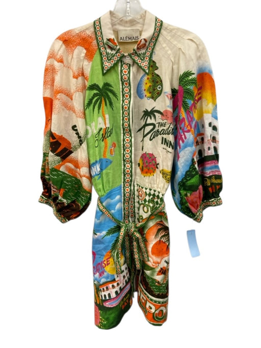 Alemais Size 8 Cream & Multi Flax & Cotton Button Front Tropical Print Dress Cream & Multi / 8