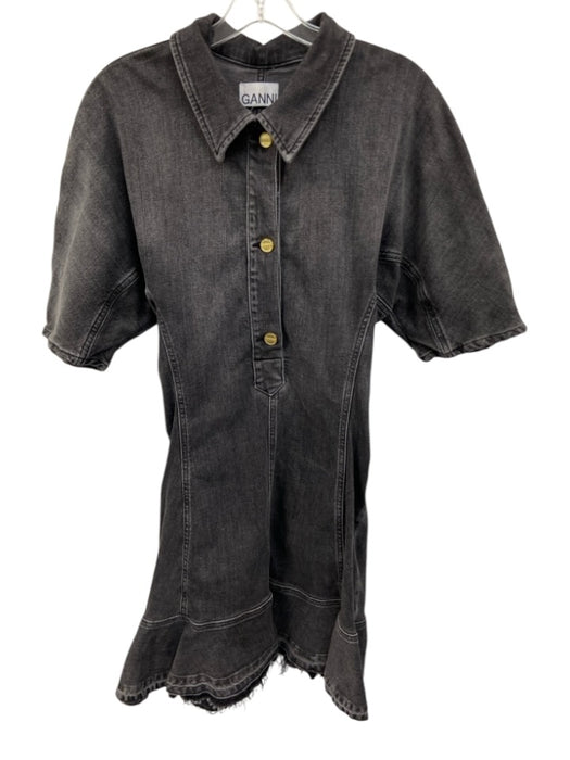 Ganni Size 44 Black Wash Cotton Ruched Mini Dress Black Wash / 44