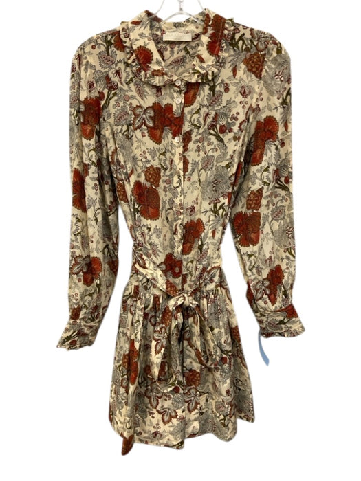 Ulla Johnson Size 12 Cream & Multi Silk Button Front Tie belt Long Sleeve Dress Cream & Multi / 12