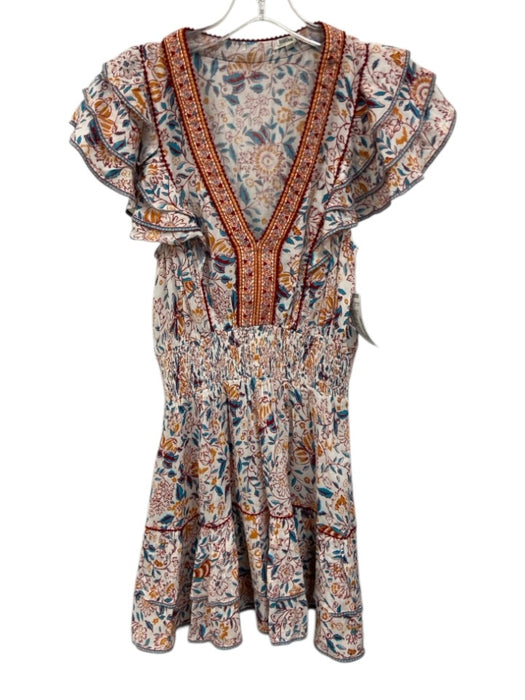 Poupette St. Barth Size M White & Multi Viscose floral print V Neck Ruffle Dress White & Multi / M