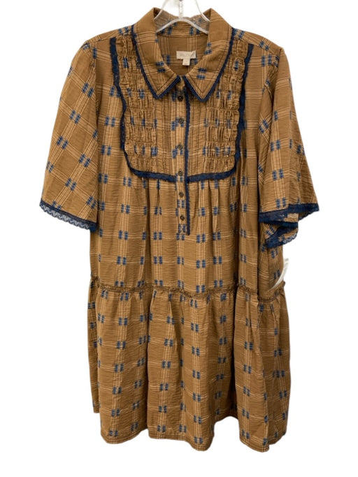 Pilcro Size L Tan & blue Viscose & Polyamide Button Detail Short Sleeve Dress Tan & blue / L