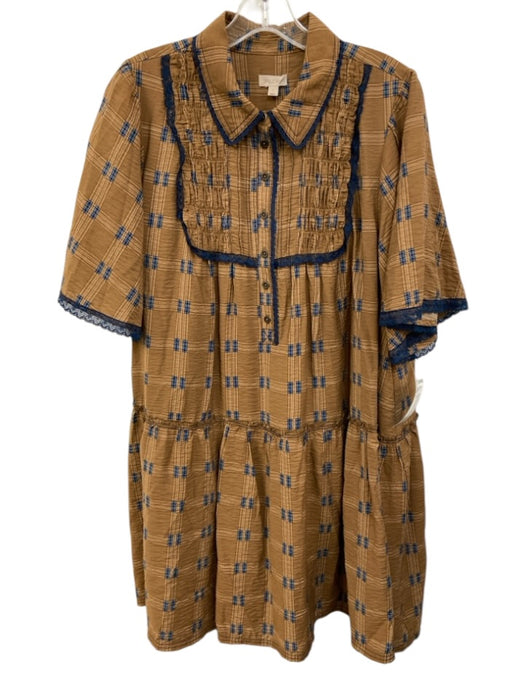 Pilcro Size L Tan & blue Viscose & Polyamide Button Detail Short Sleeve Dress Tan & blue / L