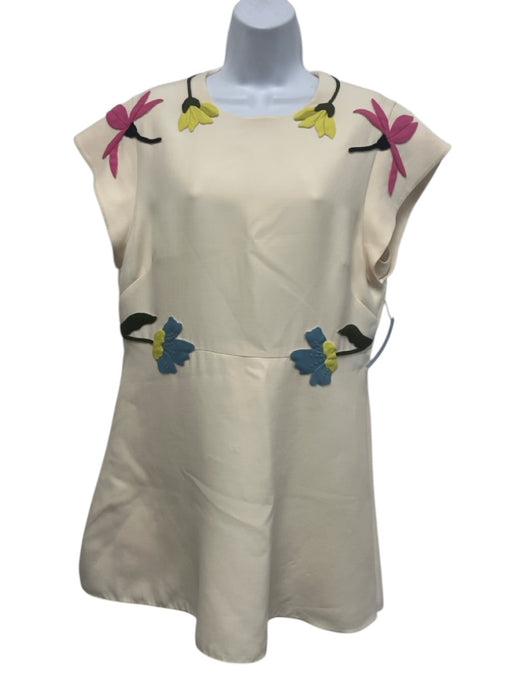 Valentino Size 48 Cream & Multi Silk Embroidered Back Zip Cap Sleeve Mini Dress Cream & Multi / 48