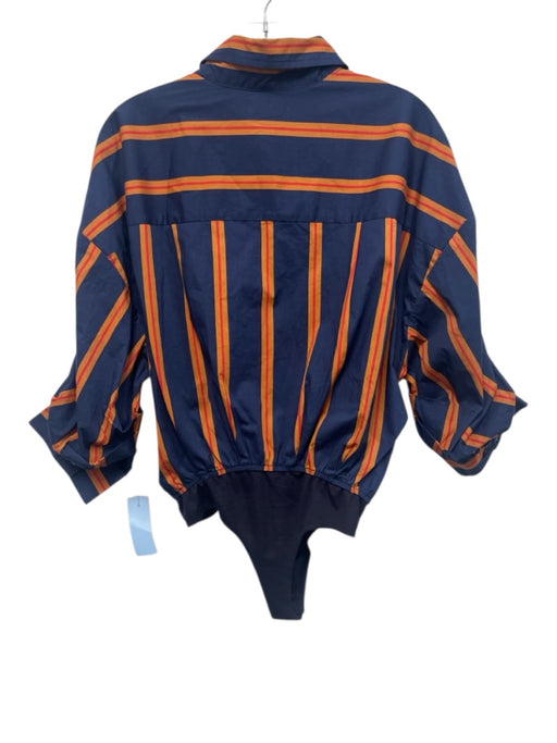 Staud Size M Navy Blue & Orange Cotton Striped Bodysuit Top Navy Blue & Orange / M