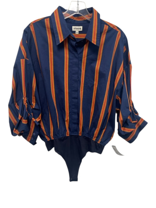 Staud Size M Navy Blue & Orange Cotton Striped Bodysuit Top Navy Blue & Orange / M