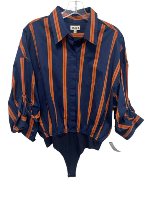 Staud Size M Navy Blue & Orange Cotton Striped Bodysuit Top Navy Blue & Orange / M