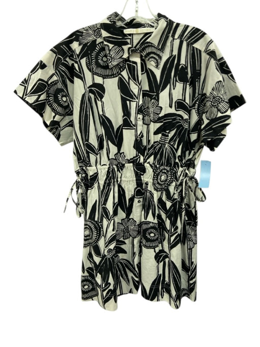 Marie Oliver Size 1 Black & White Cotton Button Front Drawstring Waist Dress Black & White / 1