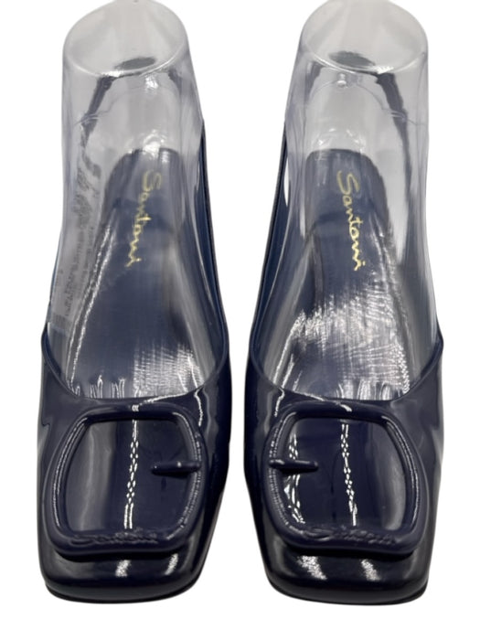 Santoni Shoe Size 37.5 Navy Blue Patent Leather Square Toe Slingback Pumps Navy Blue / 37.5