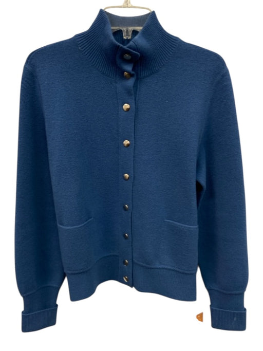 Akris Size 12 Blue Cashmere Snaps Front Pockets Long Sleeve Cardigan Blue / 12