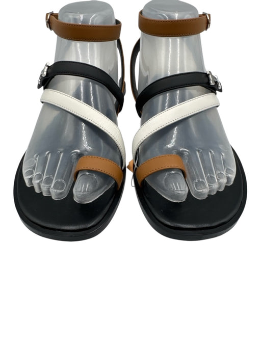 Hermes Shoe Size 37 Black, White, Tan Leather Color Block Strappy Logo Sandals Black, White, Tan / 37