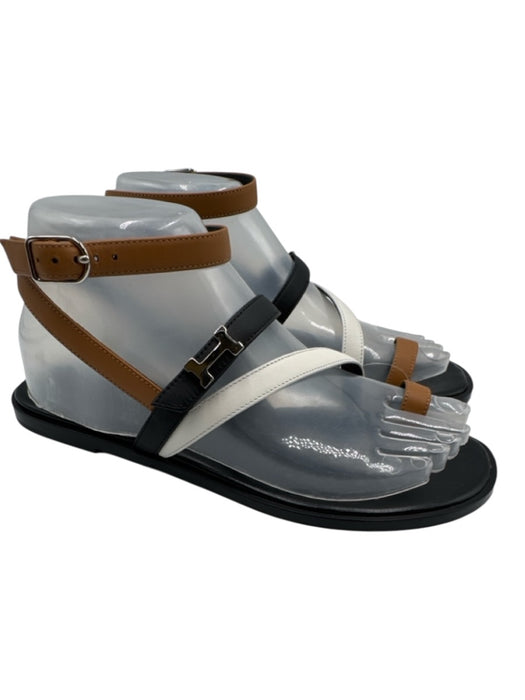 Hermes Shoe Size 37 Black, White, Tan Leather Color Block Strappy Logo Sandals Black, White, Tan / 37