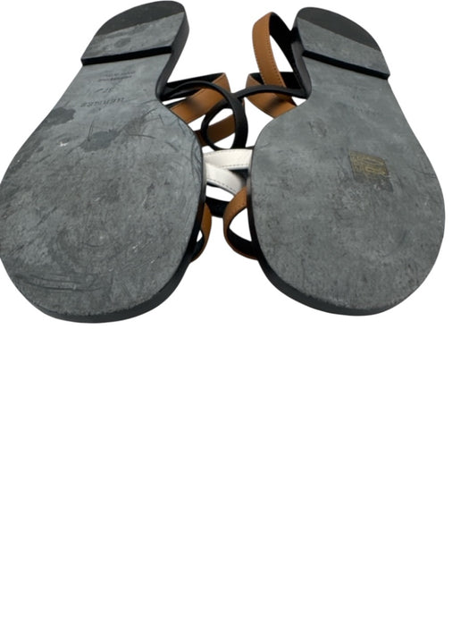 Hermes Shoe Size 37 Black, White, Tan Leather Color Block Strappy Logo Sandals Black, White, Tan / 37
