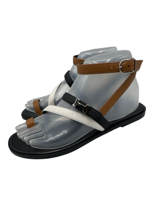 Hermes Shoe Size 37 Black, White, Tan Leather Color Block Strappy Logo Sandals Black, White, Tan / 37