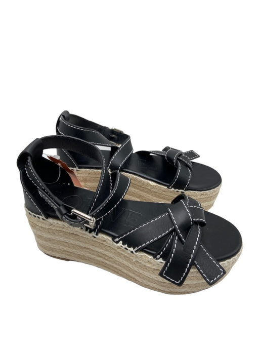 Loewe Shoe Size 37 Black & Beige Leather & Jute Contrast Stitch Platform Sandals Black & Beige / 37