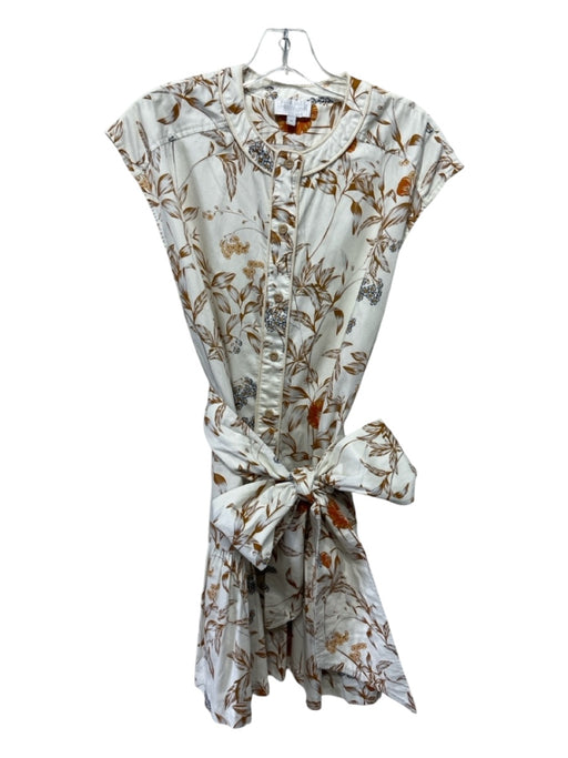 Christy Lynn Size M Cream & Brown Cotton Floral Button Down Rope Trim Sash Dress Cream & Brown / M