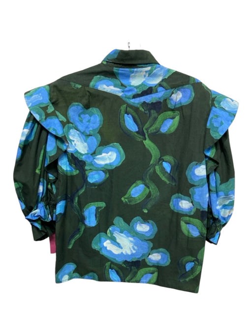 De Loreta Size L Green & Blue Cotton Pleat Detail Floral Half Sleeve Top Green & Blue / L