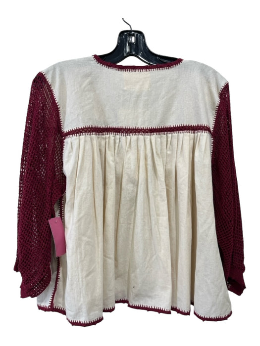 Carolina K Size S Cream & Burgundy Print Cotton Embroidered Tie Front Top Cream & Burgundy Print / S