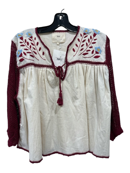 Carolina K Size S Cream & Burgundy Print Cotton Embroidered Tie Front Top Cream & Burgundy Print / S