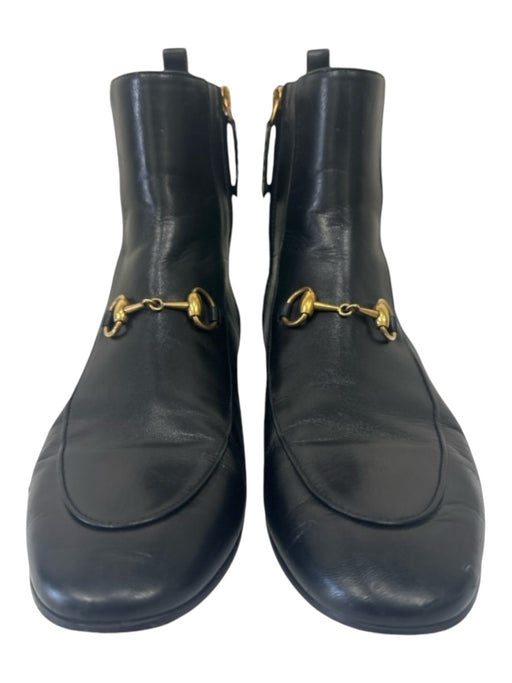 Gucci Shoe Size 37.5 Black Leather Gold Horsebit Inner Side Zip Flare Booties Black / 37.5