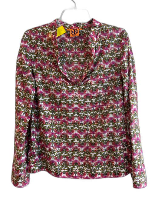 Tory Burch Size 4 Beige & Red Cotton V Neck Long Sleeve Sequin Design Floral Top Beige & Red / 4