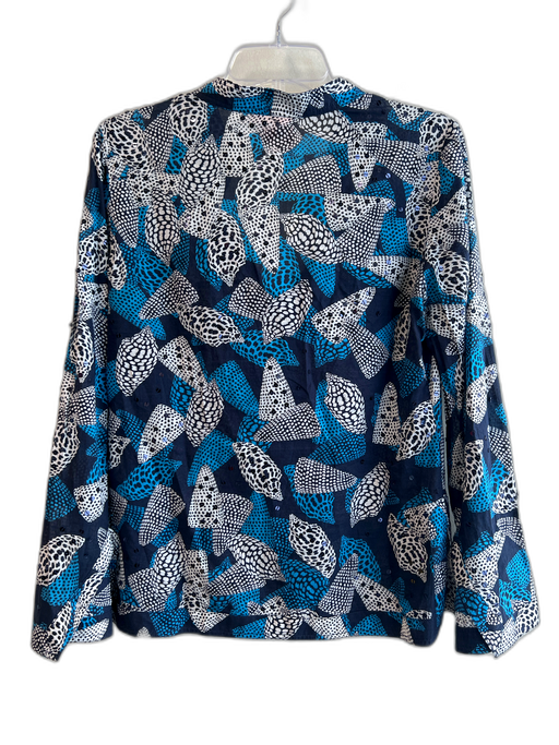 Tory Burch Size 4 Navy & Aqua Cotton V Neck Long Sleeve Sequin Design Top Navy & Aqua / 4