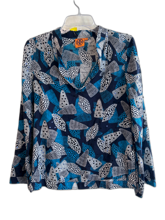 Tory Burch Size 4 Navy & Aqua Cotton V Neck Long Sleeve Sequin Design Top Navy & Aqua / 4