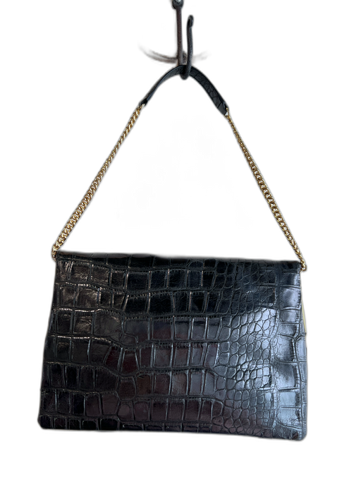 Henri Bendel Black Leather Alligator Embossed Magnetic Snap Chain Strap Bag Black