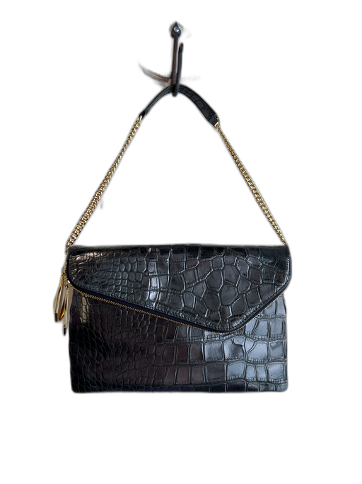 Henri Bendel Black Leather Alligator Embossed Magnetic Snap Chain Strap Bag Black