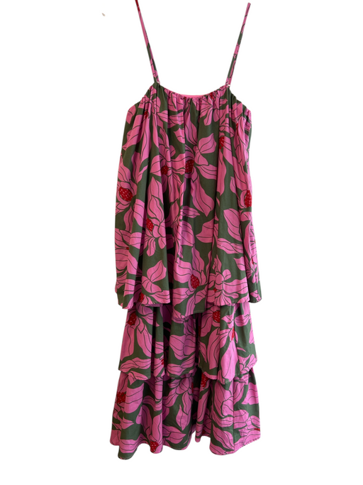 Anthropologie Size S Pink Cotton Tiered Floral Spaghetti Strap Midi Dress Pink / S