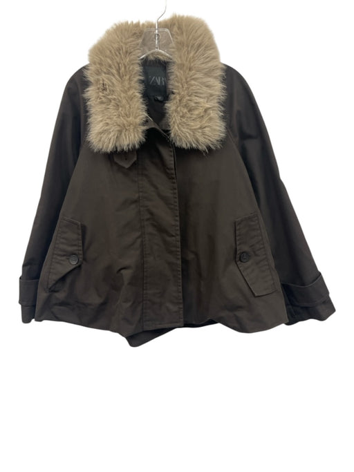 Zara Size S Dark Brown Polyester Faux Fur Collar Button Down Long Sleeve Jacket Dark Brown / S