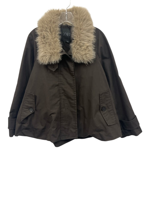Zara Size S Dark Brown Polyester Faux Fur Collar Button Down Long Sleeve Jacket Dark Brown / S