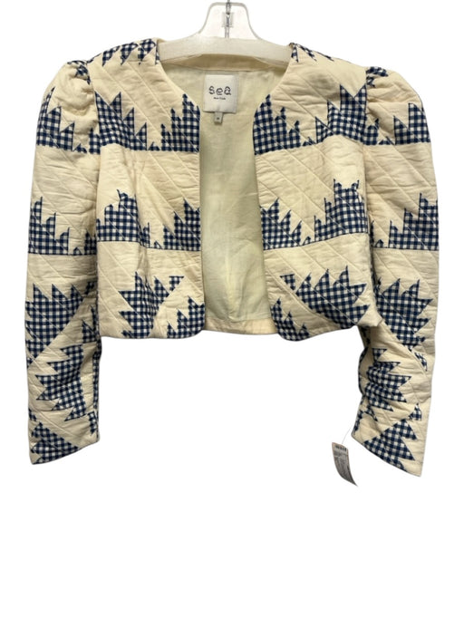 Sea New York Size XS Cream & Blue Cotton Quilted Open Front Long Sleeve Jacket Cream & Blue / XS