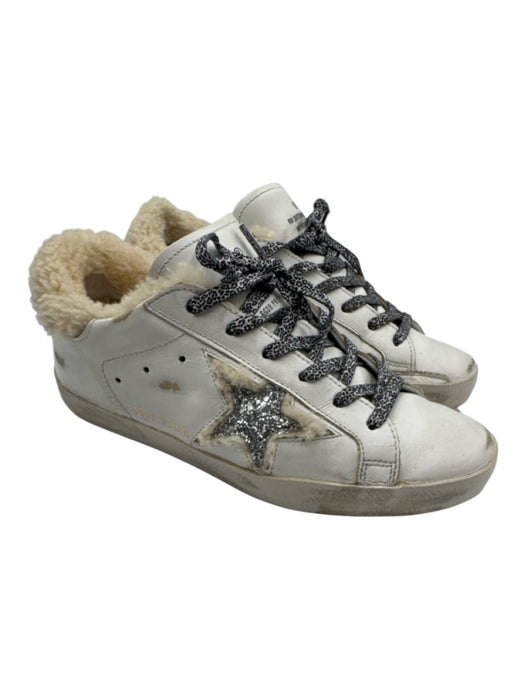 Golden Goose Shoe Size 37 White, Cream, Black Leather & Shearling Laces Sneakers White, Cream, Black / 37