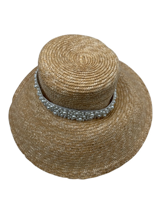 Self-Same Beige & Pearl Straw Faux Pearl Wide Brim sun hat Hat Beige & Pearl